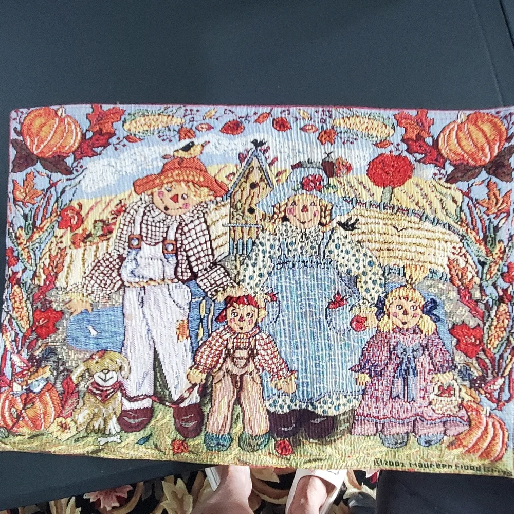 4 Scarecrow Placemats By Grigs Fall Autumn Pumpkins Dog Tapestry Cute 2001 Vtg